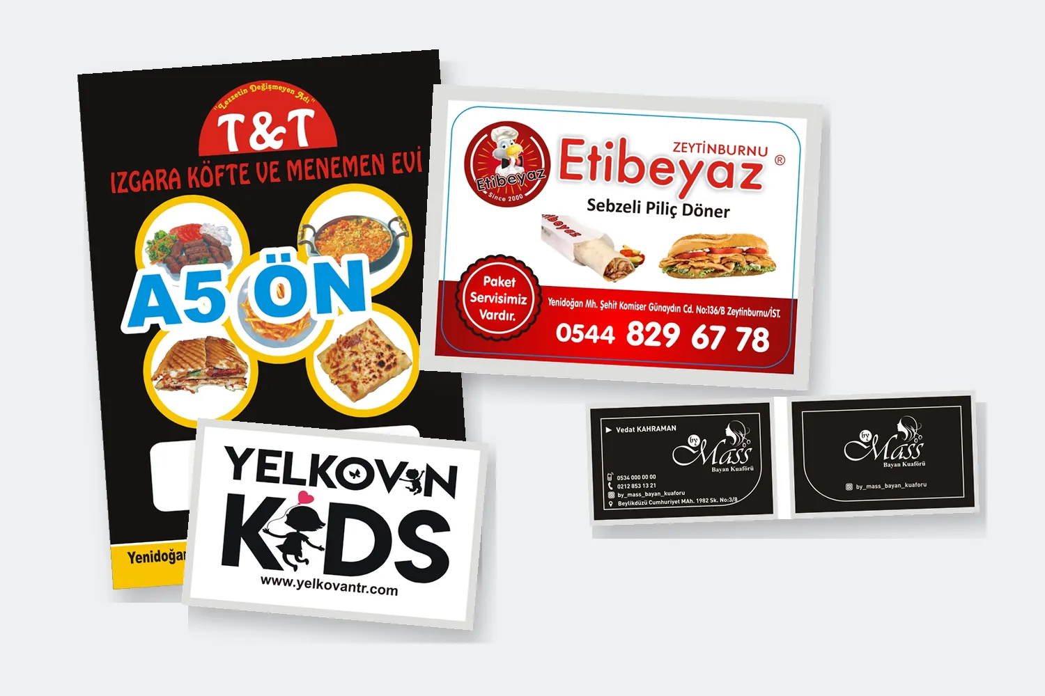 Atölyemizde basılan broşür, magnet, kartvizit ve sticker örnekleri